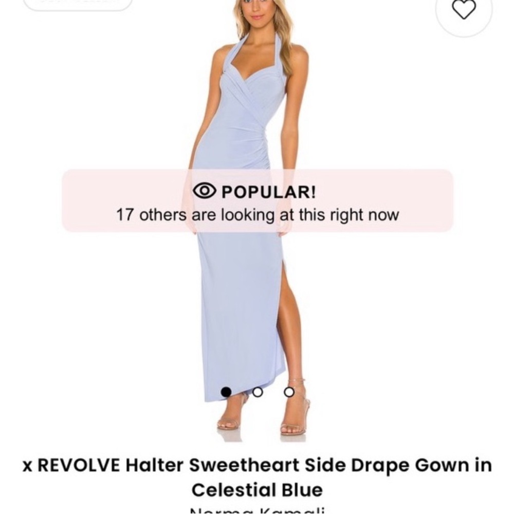 Norma Kamali x REVOLVE Halter Sweetheart Side Drape Gown in
Celestial Blue